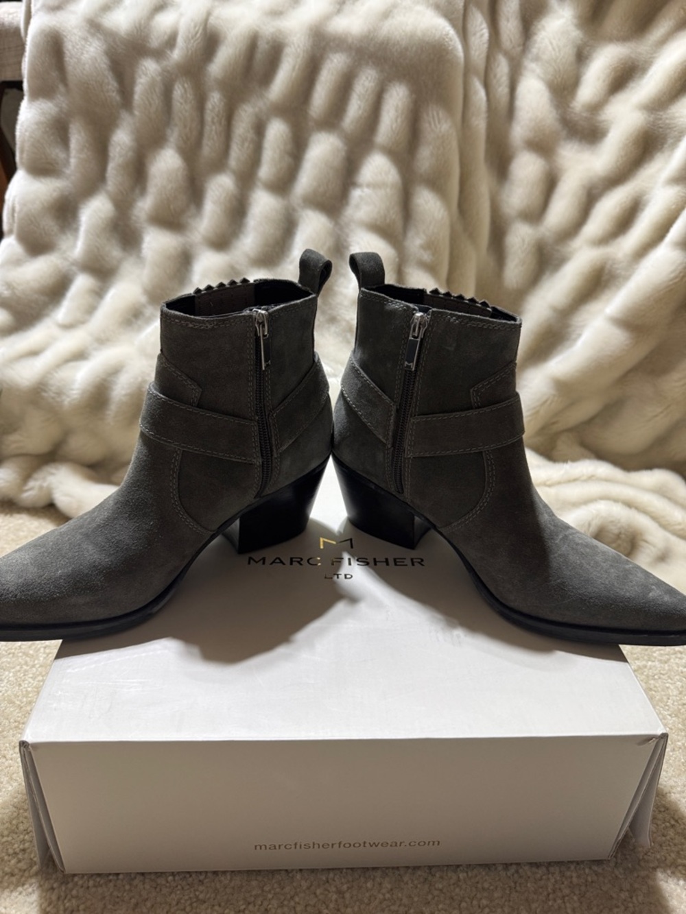 Marc Fisher Gray Suede Western-Inspired Ankle Boots - Picture 2 of 7